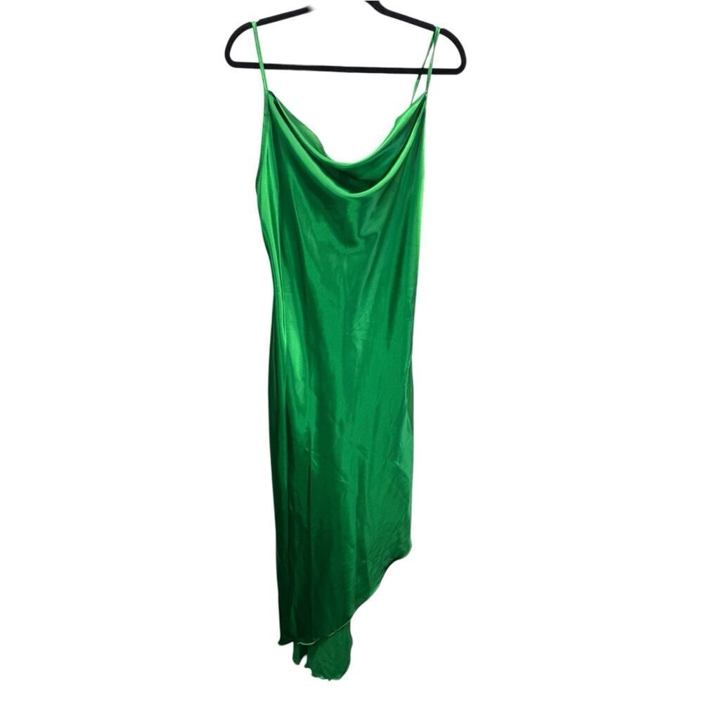 NWT bebe Green Satin Slip Dress Asymmetrical Hem Cowl Neck Maxi Large - Picture 4 of 6